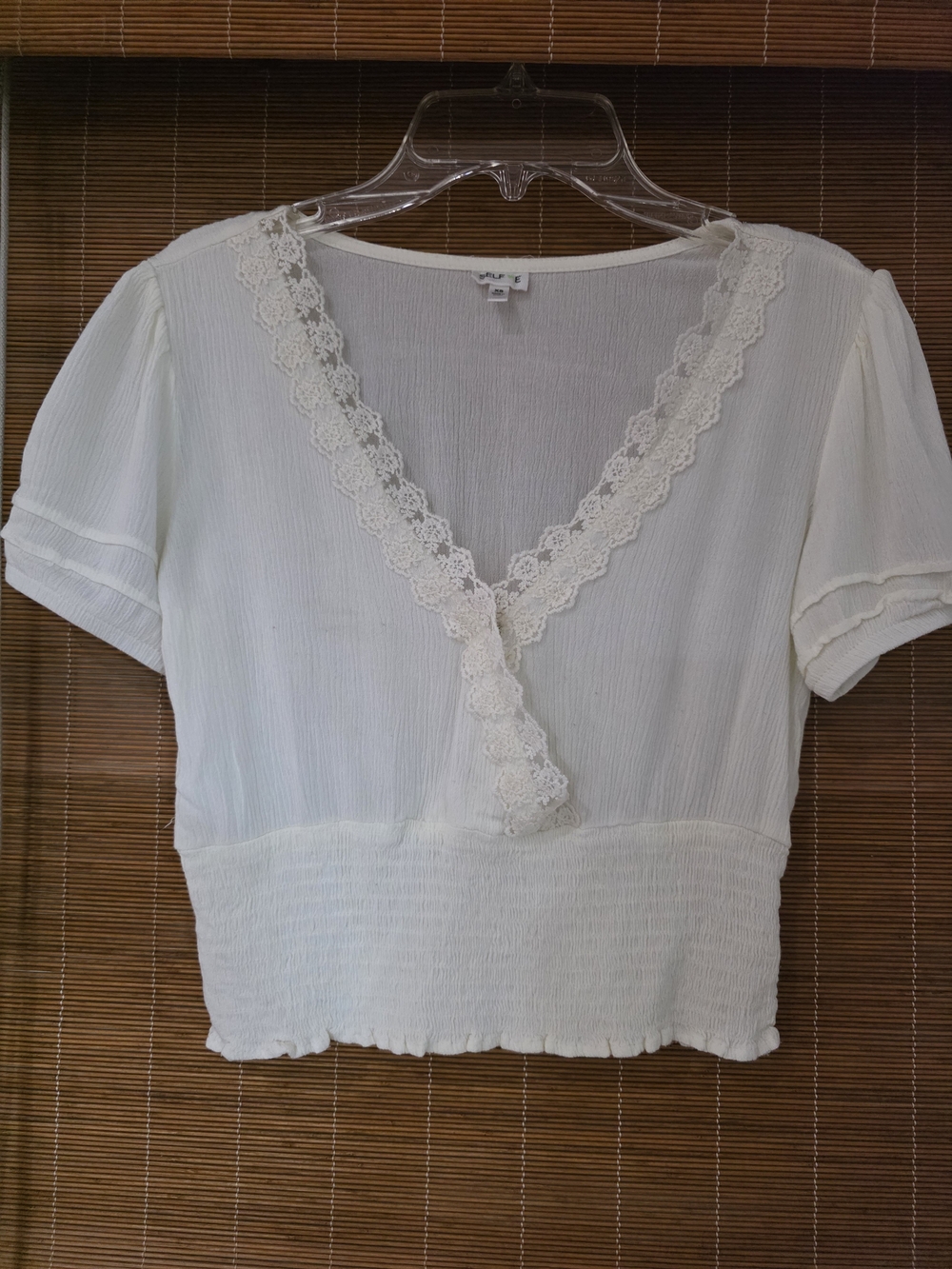 Cream Lace-Trim V-Neck Smocked-Waist Blouse